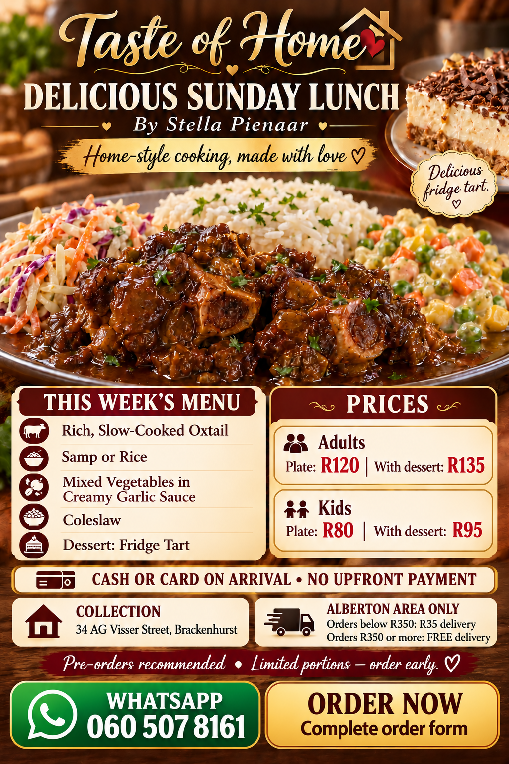 Rich oxtail in gravy, rice, creamy vegetables and coleslaw